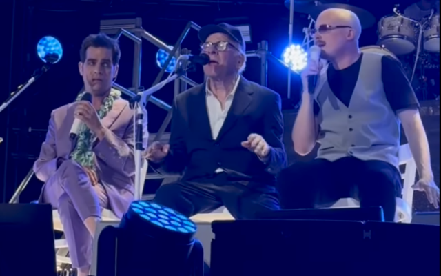 Aviv Geffen, left, Art Garfunkel and James Garfunkel at a Tel Aviv concert on May 29, 2025 (Courtesy screengrab)